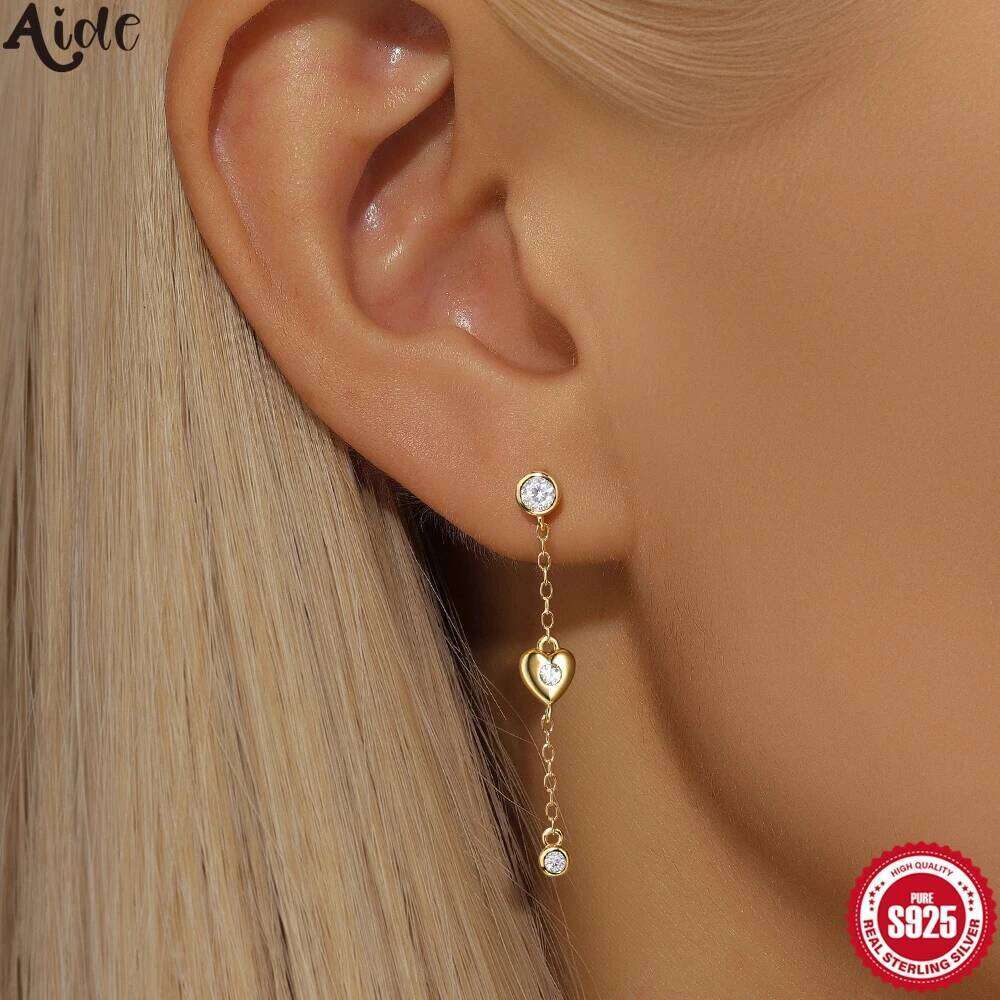 Aide 925 Sterling Silver Crystal Zirconia Moon Heart Stud Earrings Delicate Chain Dangles Ear Buckle Cartilage Piercing Jewelry