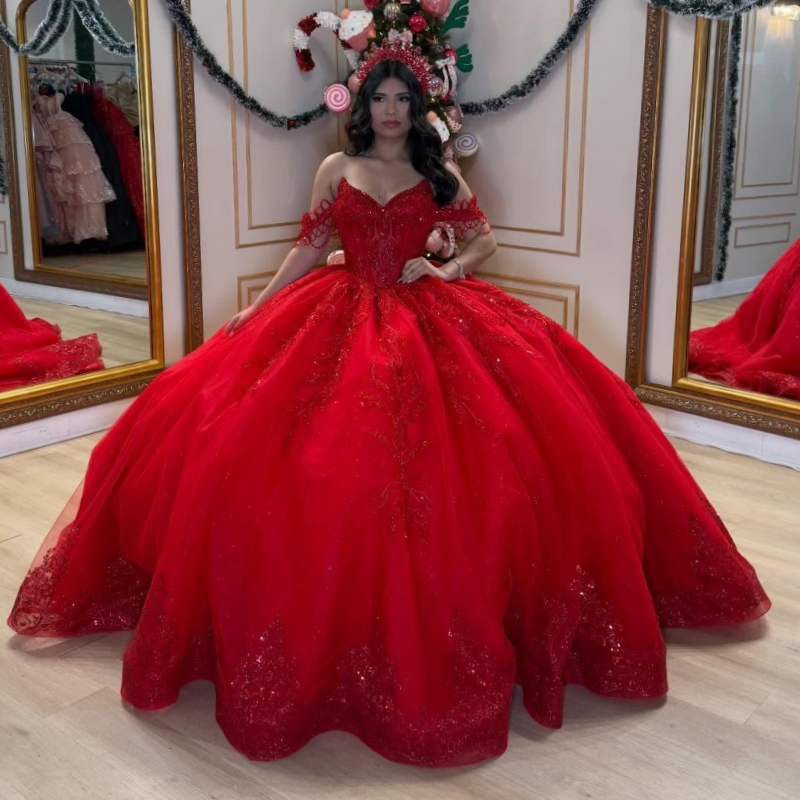 Red Quinceanera Dresses Off Shoulder Ball Gown Sweet 16 Dress Applique Lace Beading Crystal Tull Birthday Party Vestidos 15 De Anos