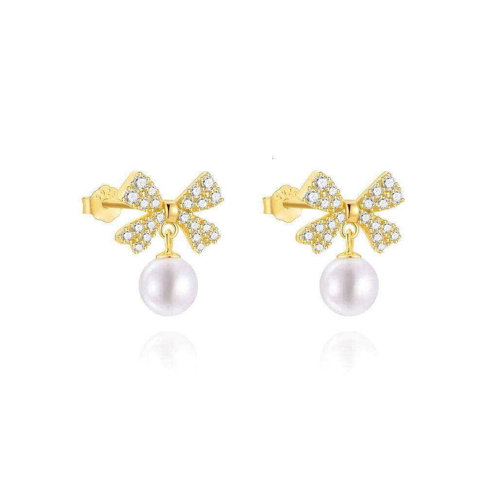 Aide Luxury 925 Sterling Silver Bow With Stud For Women Shiny Pearl Pendant Earrings Handmake Rhombic Studs