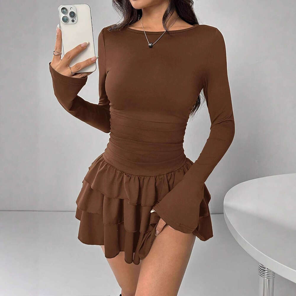 2026 Cross-Border European and American New Women's Fashion Autumn Winter Solid Color Slim Fit Elegant Long Sleeve Dress High-End Feel