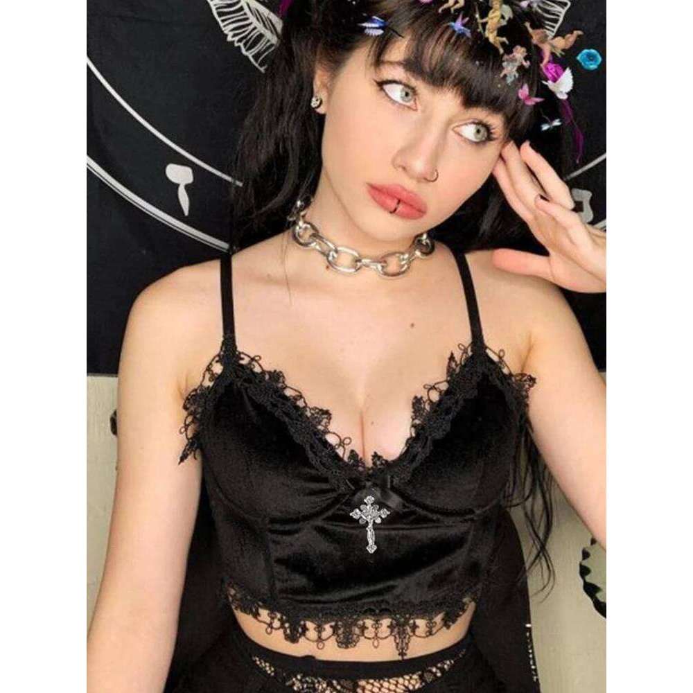 Velvet Y2K Mall Goth Black Lace Trim Emo Alternative Aesthetic Crop Tops Women Backless Sexy Strap Tanks