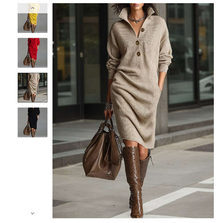 2026 Independent Station European and American New Autumn Casual Button Turn-Down Collar Loose Straight Knitted Mid-Length Sweater Dress