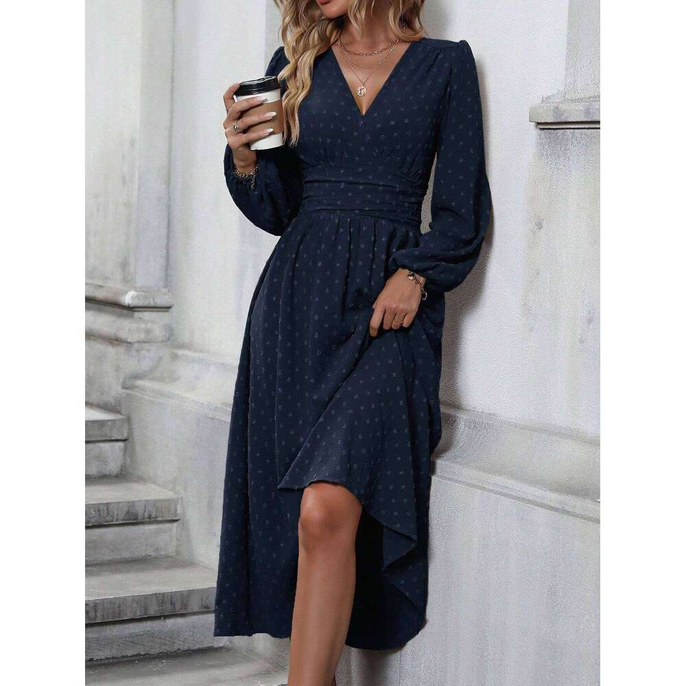 Autumn and Winter New Style Medium Pom-Pom Asymmetrical Neck Lantern Sleeve Ruched Waist Dress