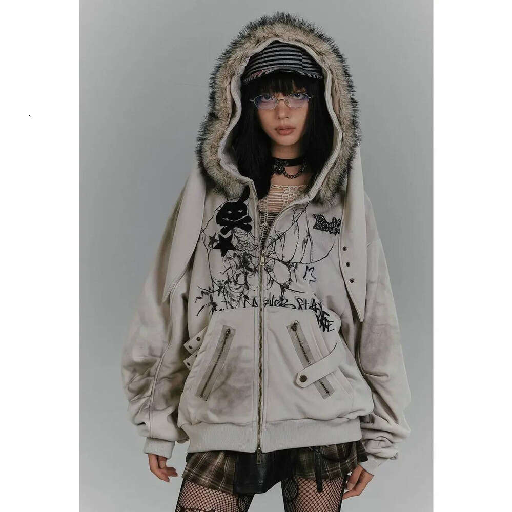 Zhehan American Retro Hoodie Women Gothic Simple Print Rabbit Ears Zipper Hooded Fur Collar Sweatshirt Fashionable Harajuku Jacket Tops