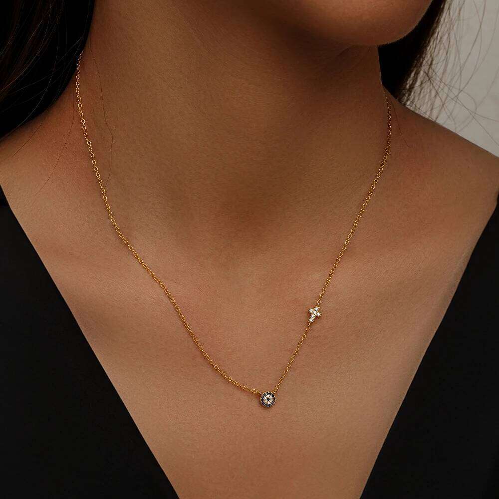 Aide Blue Crystal Eyes Pendants Classic Fashion 925 Sterling Silver Gold Color Necklace For Women Lucky Cross collars Jewelry