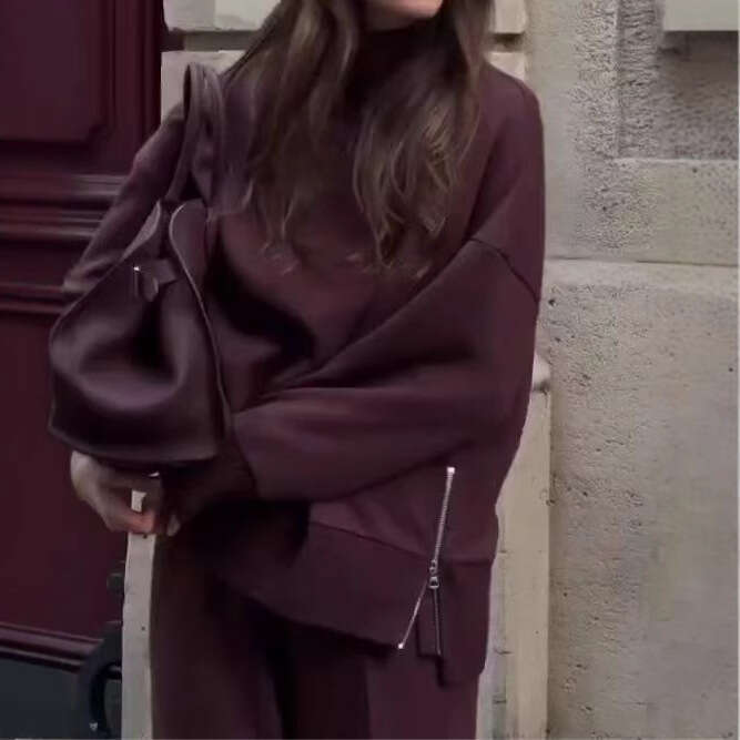 26 In Stock Cross-Border Hot Sale Spring New Solid Color Round Neck Loose Casual Sweatshirt Set