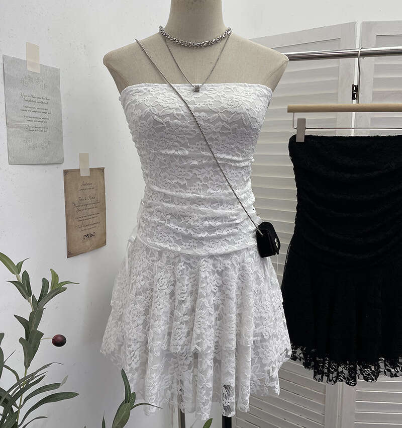 Real Shot Vintage Lace Patchwork Waist-Cinching Strapless Sexy Collarbone-Exposing Tiered Petite Short Dress 1272