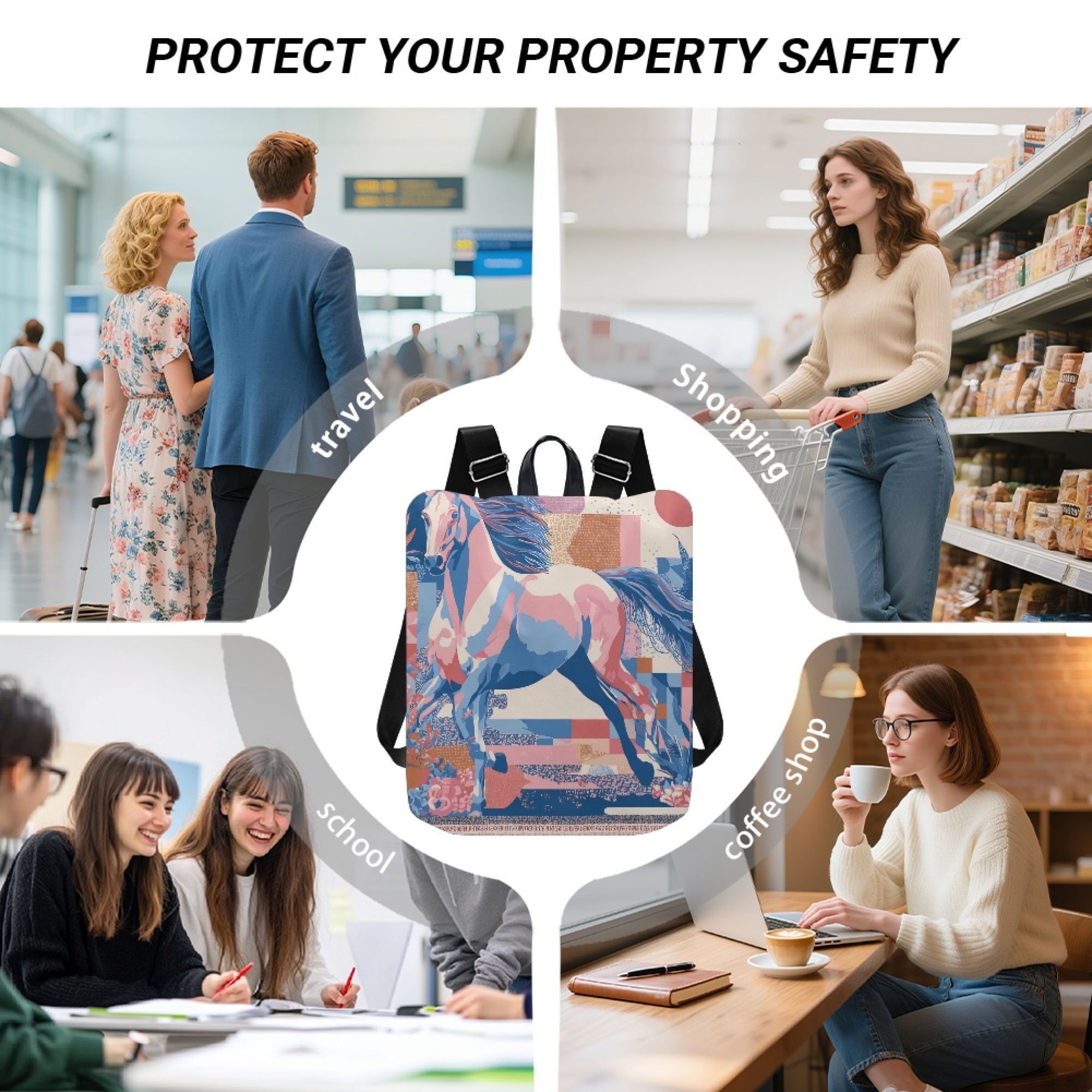 Custom H Designer Fashion Anti Theft Backpack Luxury Horse Pattern Unisex Full Print Backpack Laptop Bag Travel Bag H44