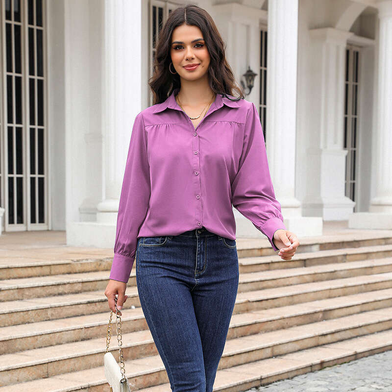 2026 Cross-Border Trade Button-Up Top Lantern Pleated Solid Color Stand Collar Loose Long Sleeve Women's Shirt