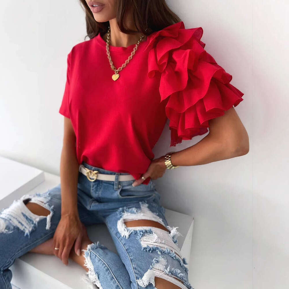 2026 Summer Simple Fashion Ruffled Short Sleeve Round Neck Women's T-Shirt European and American Style