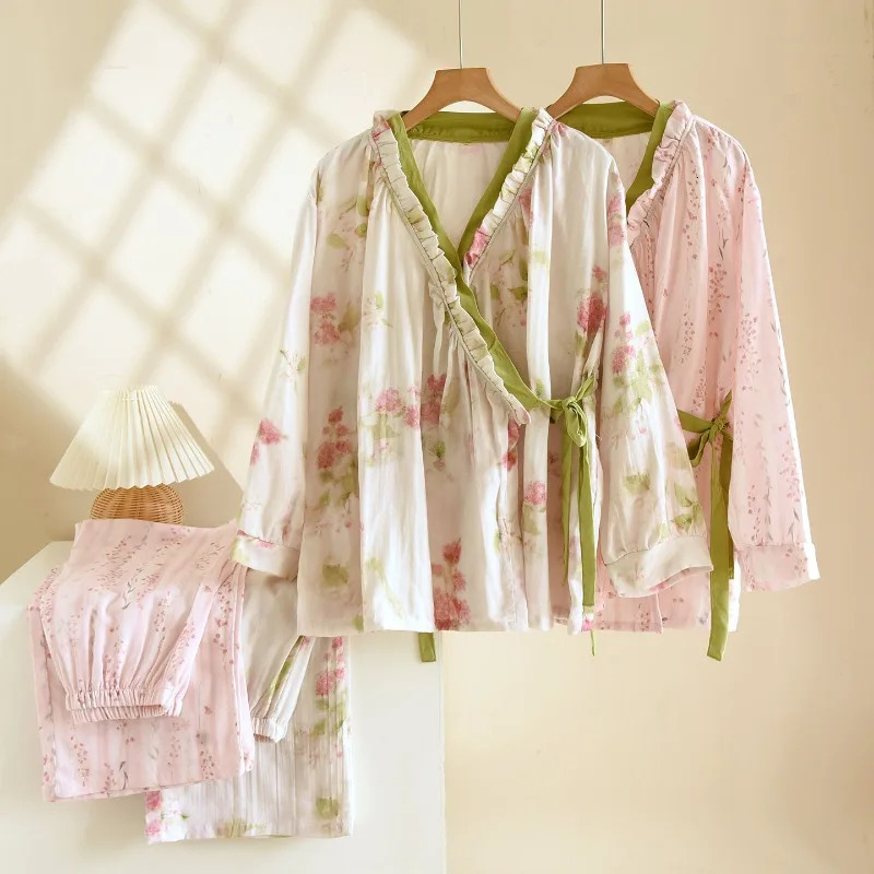 Spring and Autumn Womens Kimono Set 100 Cotton Gauze Chinese style Cardigan Long Sleeve Loose Simple Pajama 251231