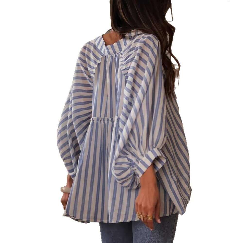 Foreign Trade Summer Long Sleeve Striped Slimming Casual Loose Women's Shirt Top