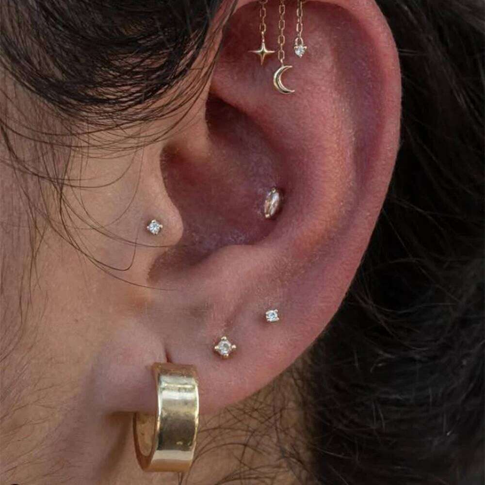 Aide Designed for vertical helix piercings 925 Silver Helix Chain Earring 18K Plated Star Dangles Threadless Push In Hidden Stud