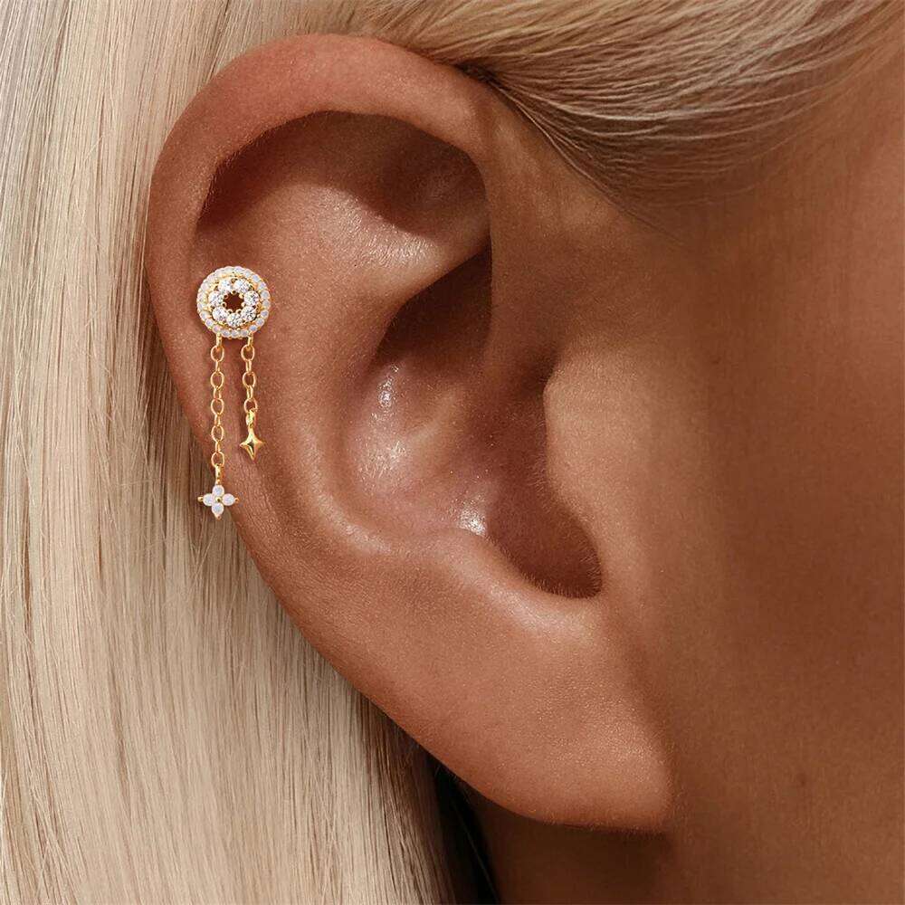Aide 1Pc 925 Silver Stars Moon Stud Earrings For Women 18K Gold Chain Flat Head Threaded Puncture Ear Bone Ins Fine Jewelry