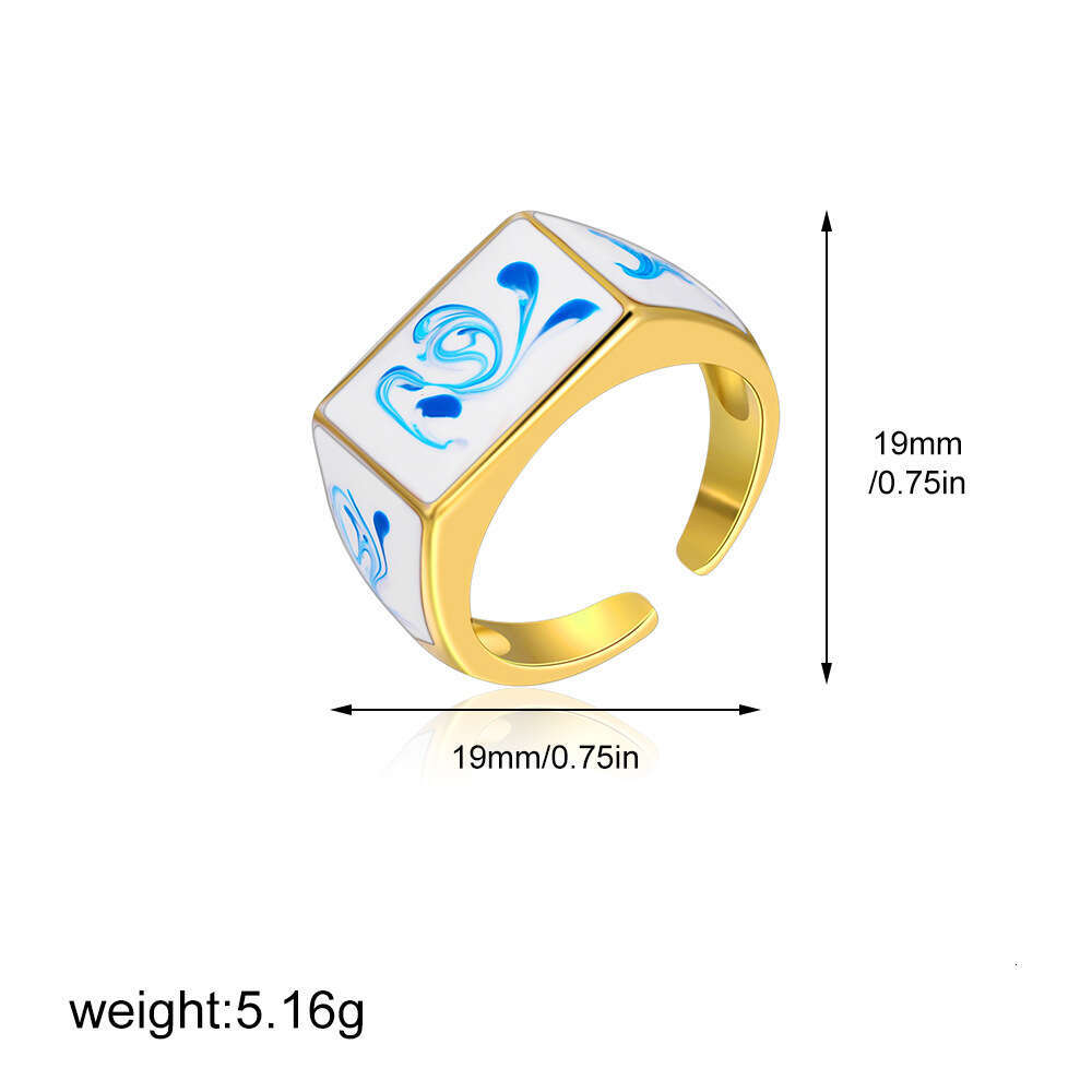 Fashion Porcelain Ring Vintage Enamel Painting Oil Blue and White Pattern Rings for Women New Chinese Style Open Fashion Irregular Ring Hand Accessori