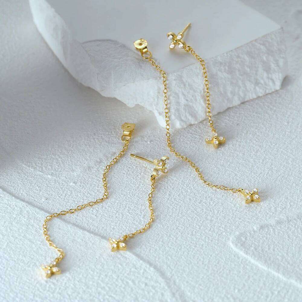 Aide Four-leaf Zircon Long Chain Tassel 925 Sterling Silver Drop For Women 18K Gold Minimalism Earrings Fine Jewelly