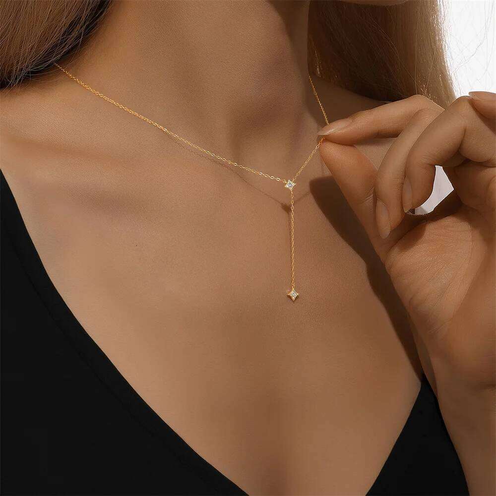 Aide 925 Sterling Silver Thin Chain Crystal Pendant Necklace For Women Y Shape Rhinestone Choker Neck Wedding Jewelry