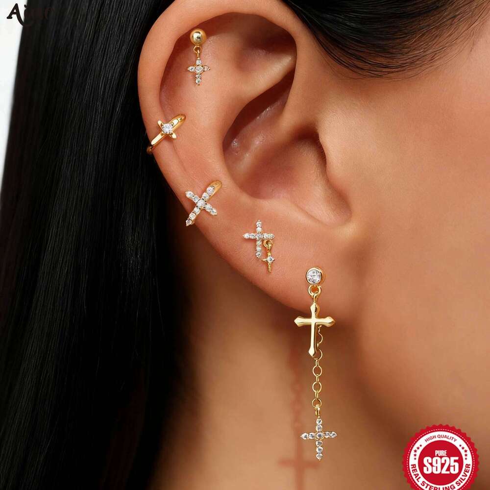 Aide Plata 925 Sterling Silver Cross Hoop Earrings Set For Women Girls Asymmetrical Earring Wedding Aesthetic Aretes Jewelry