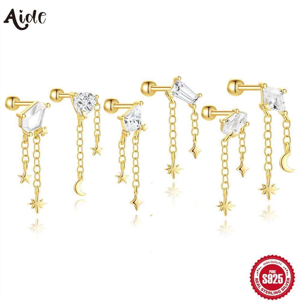Aide 925 Sterling Silver Geometric Zircon Flat Head Earrings For Women Tassels CZ Chain Tassel Star Moon 1pc Piercing Jewelry
