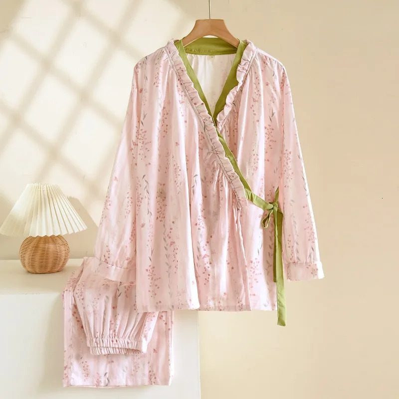 Spring and Autumn Womens Kimono Set 100 Cotton Gauze Chinese style Cardigan Long Sleeve Loose Simple Pajama 251231