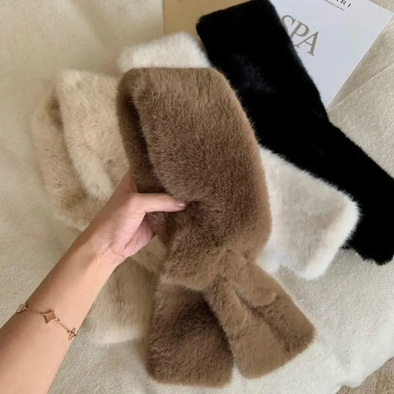 Korean Women Winter Warm Thicken Cross Collar Scarf Imitation Faux Rabbit Fur Scarf Solid Furry Neck Warmer Cold Proof Scarves 251225