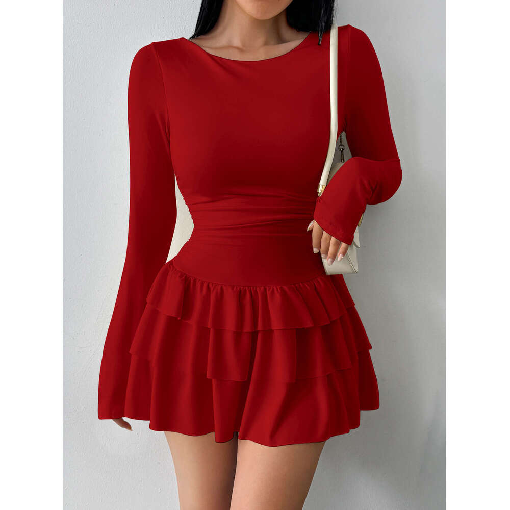 2026 Cross-Border European and American New Women's Fashion Autumn Winter Solid Color Slim Fit Elegant Long Sleeve Dress High-End Feel