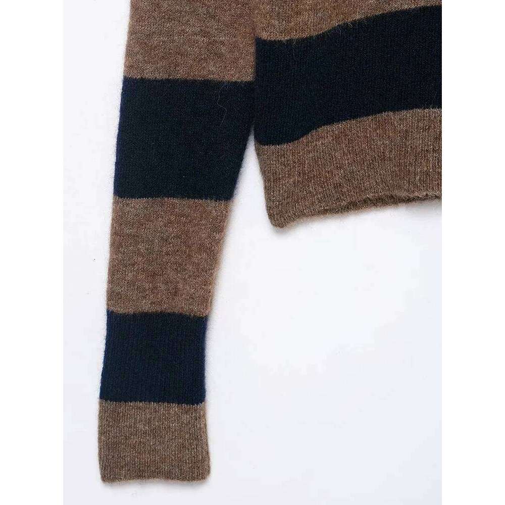 New Contrast Striped Knit Cardigan Women's Autumn And Winter Loose Short Coat Color Matching Sweater