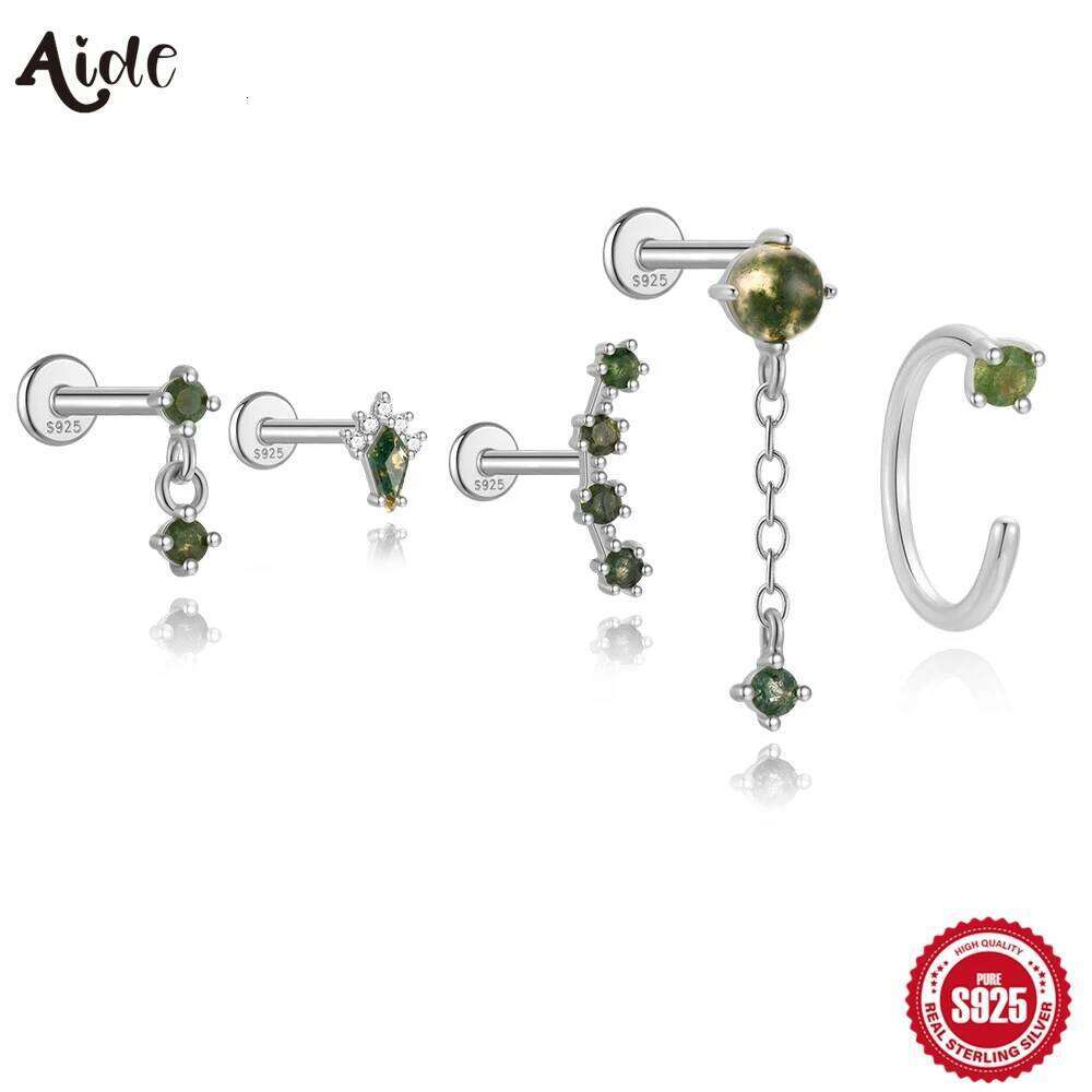 Aide 1PC Natural Water Grass Agate 925 Sterling Silver Flat Head Thread Puncture Green Moss Piercing Ear Bone Earring