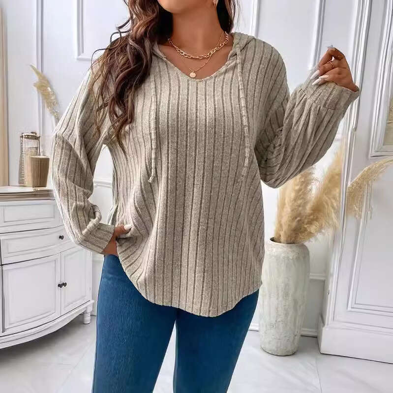 2026 Autumn Winter New Solid Color Plus Size Women's Top V-Neck Hooded Long Sleeve Ribbed Brushed T-Shirt Loose Fit