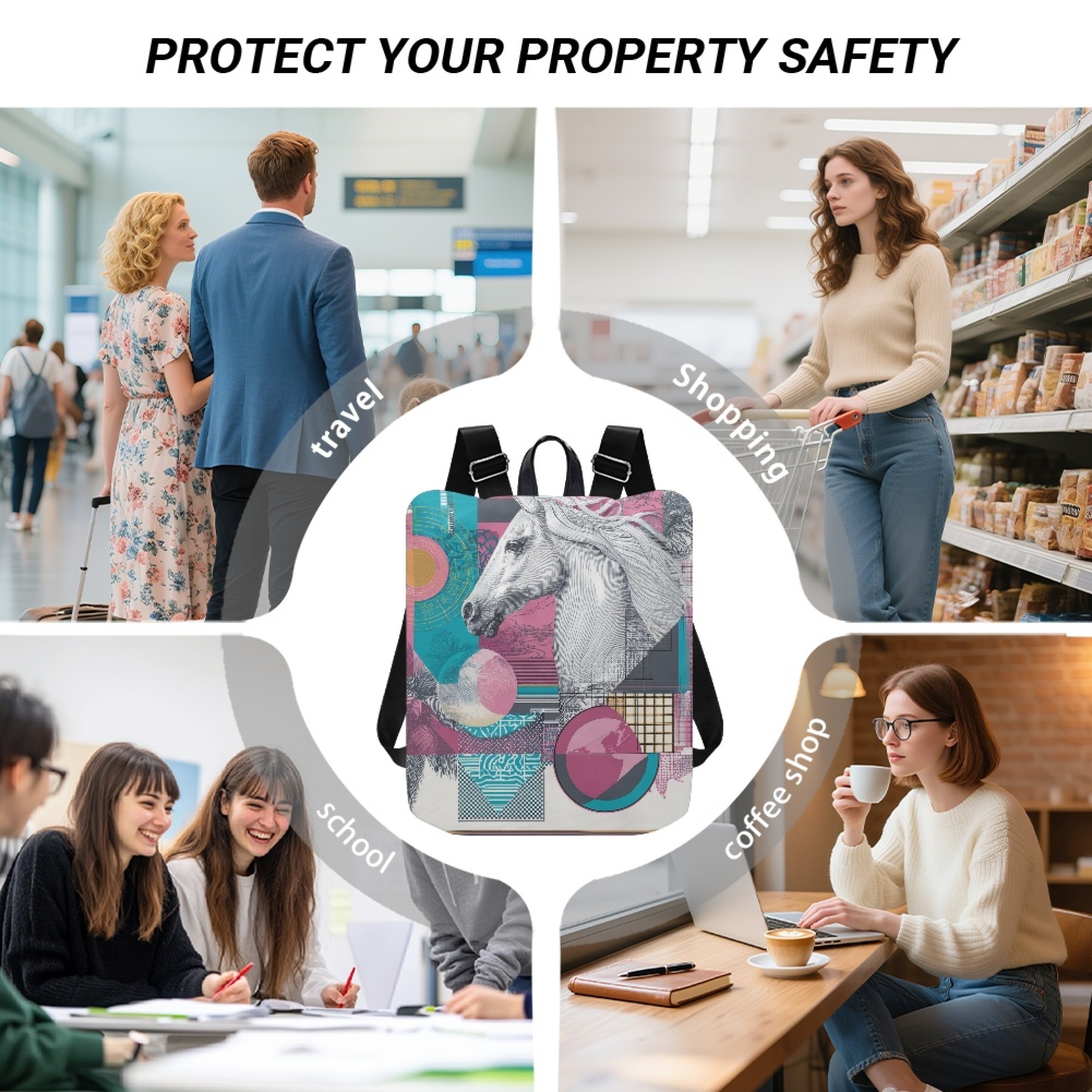 Custom H Designer Fashion Anti Theft Backpack Luxury Horse Pattern Unisex Full Print Backpack Laptop Bag Travel Bag H42