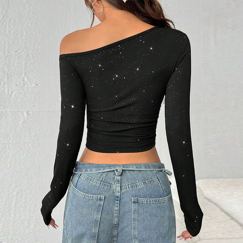 Cross-Border European and American Hot Girl Rhinestone Off-Shoulder Long Sleeve T-Shirt for Women 2026 Spring Export Ins Slim Fit Knitted Base Shirt