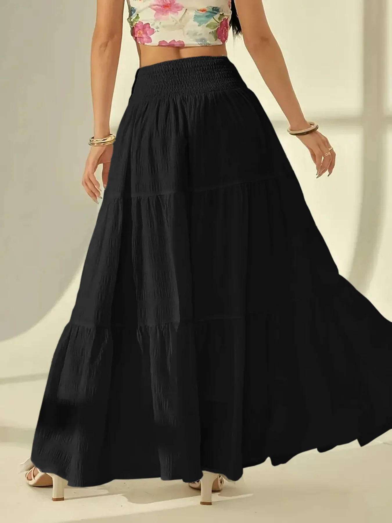 Women Fashion Tiered Maxi Skirt Elastic Waist Casual Solid Color Aline Faldas Mujer Holiday Streetwear Long Jupes 251231