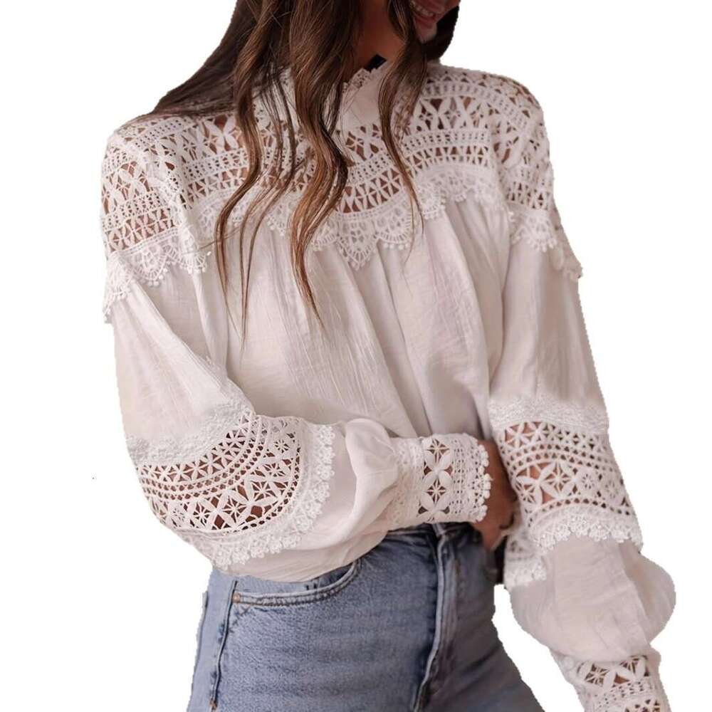 Cross-Border Holiday Hot Sale New Crochet Blouse Women's Sexy Hollow Out Flared Sleeve Lace Shirt Top