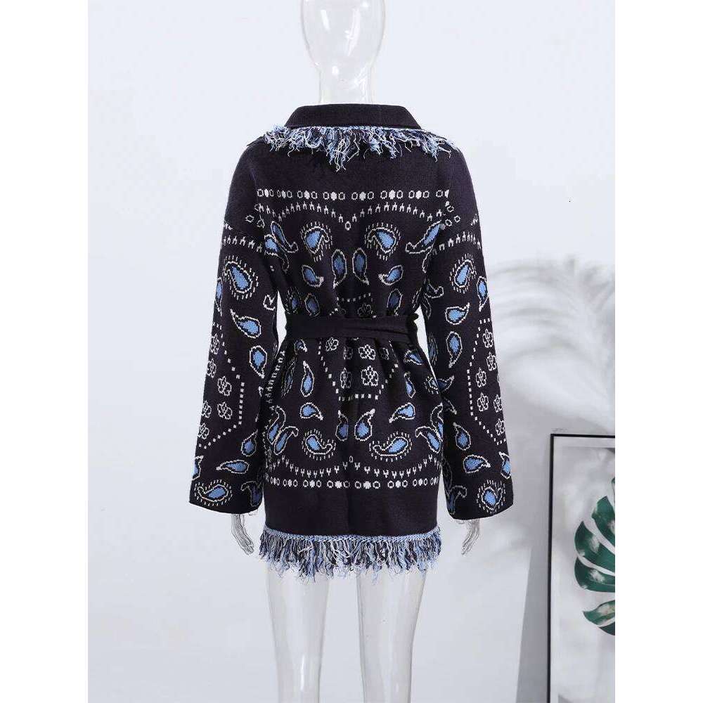 Vintage Tassels Women's Print Cardigan V-Neck Lace Up Full Sleeve Spliced Sweaters Autumn Lady All-Match Kintwears