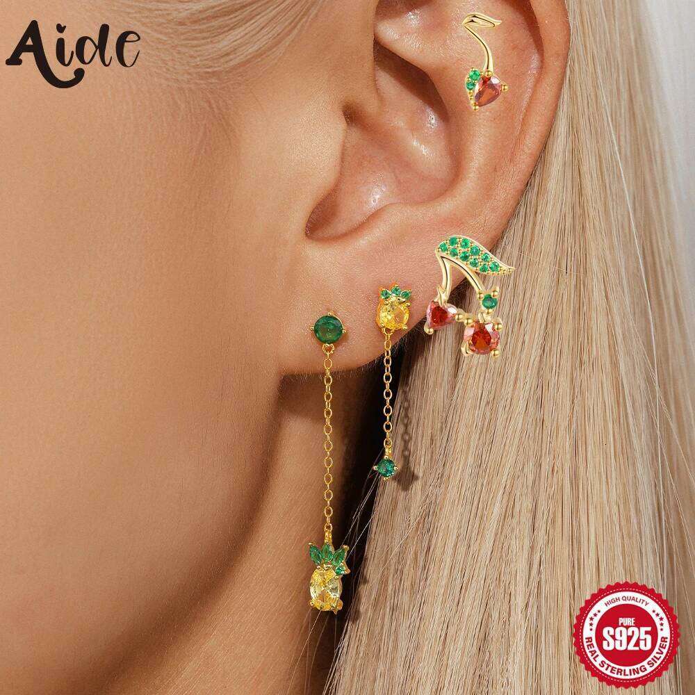 Aide Fashion Pineapple Cubic Zirconia Fruit Earrings for Women 925 Sterling Silver Cherry Cartilage Piercing Ear Studs Jewelry