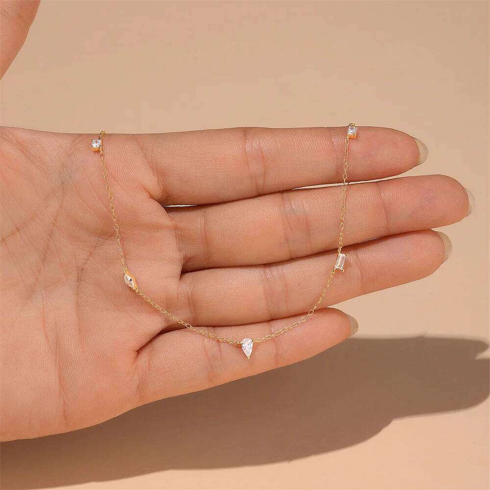 Aide 925 Sterling Silver Double Layer Zircon Necklace Geometric Shape Choker Delicate Collarbone Chain Women's Fashion Jewelry