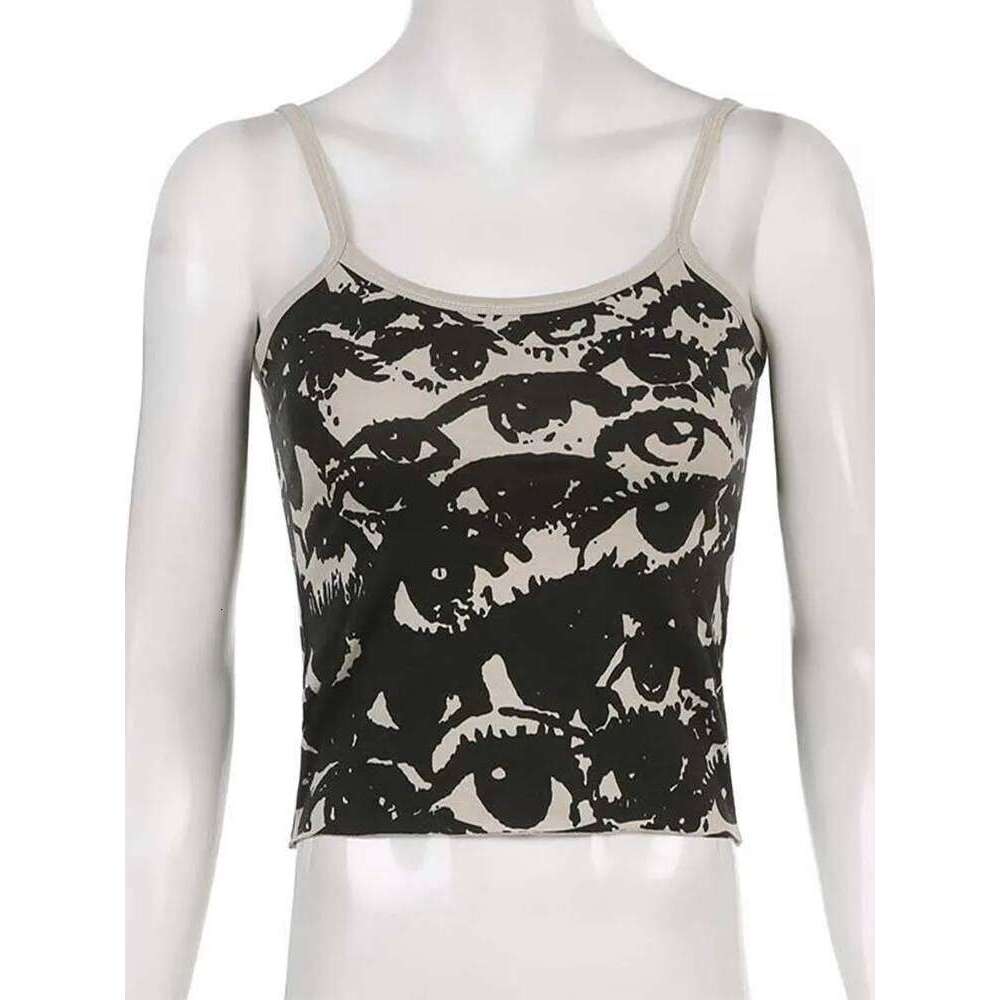 Gothic Portrait Print T-shirt Aesthetic Y2K Crop Tops Short Sleevle Vest Tees Harajuku Streetwear White Suspenders Women Clothes