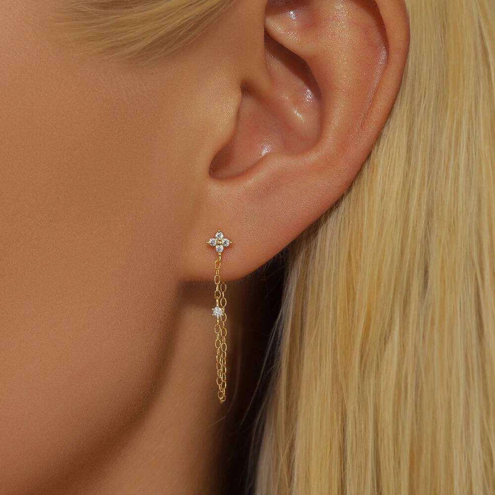 Aide 925 Sterling Silver Flower Zircon Long Tassel Drangle Earring For Women Luck Girls Four Leaf Clover Ear Studs arete Jewelly