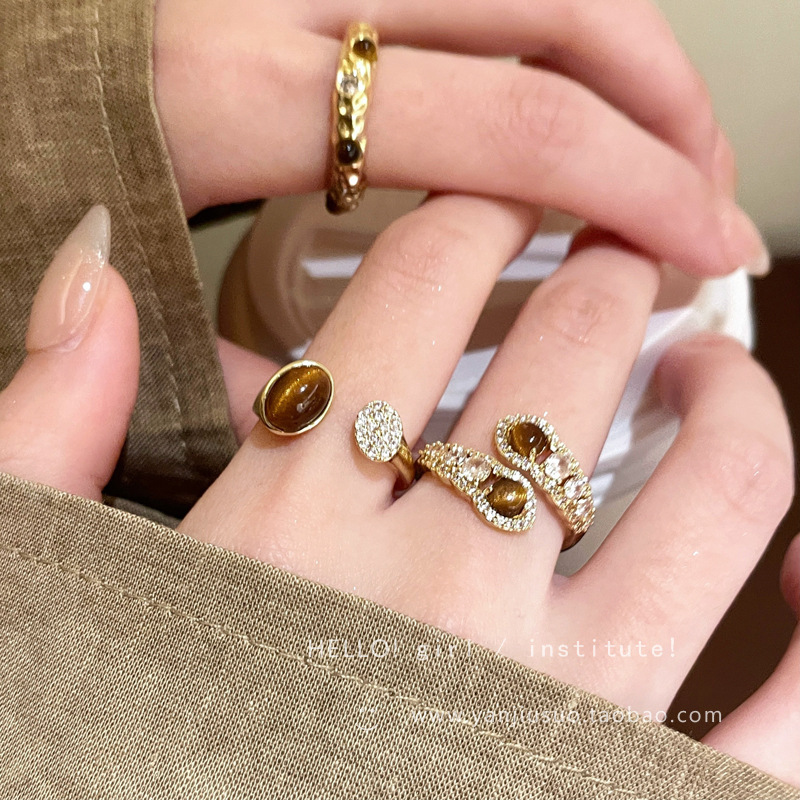 Luxury Brand Designer Jewelry Melard Tiger Eye Stone Ring For Women Irregular Ins Style Adjustable Open Temperament Simple Retro Ring