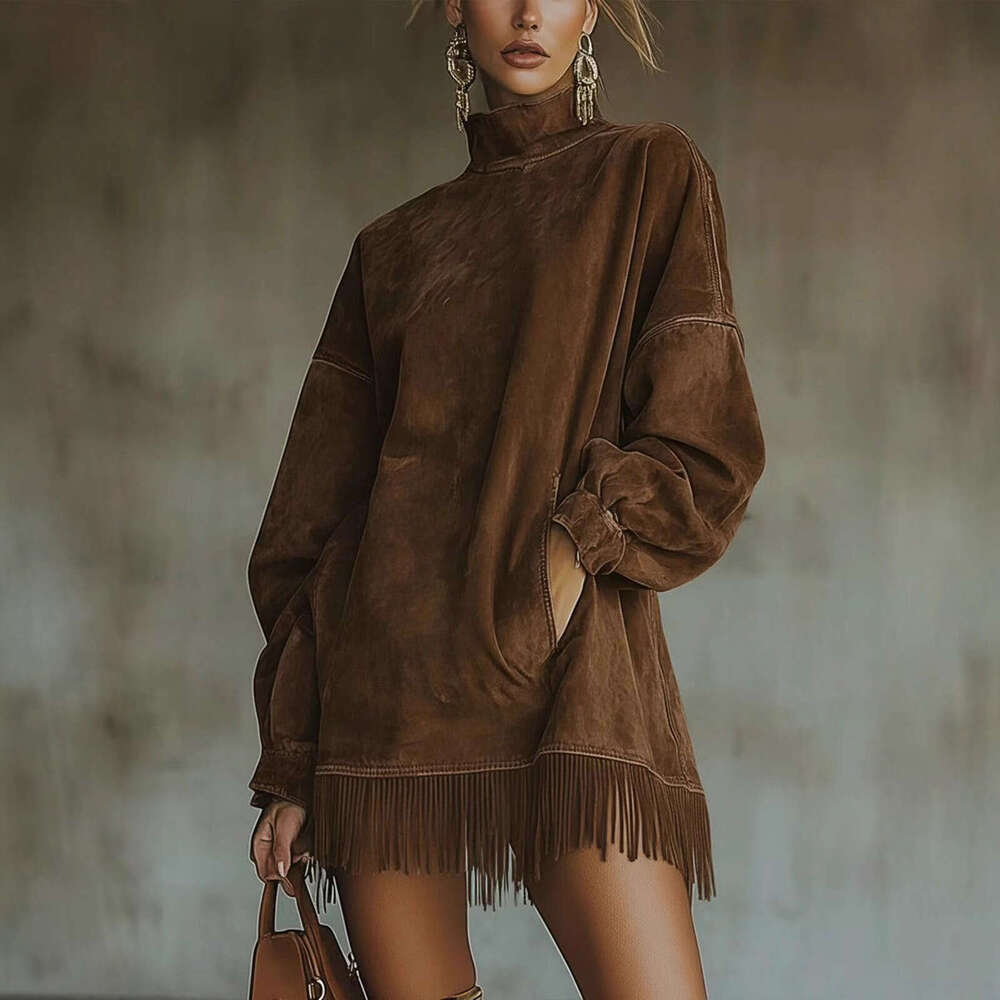 In Stock 2025 New High Neck Loose Pocket Tassel Long Sleeve Suede Dress