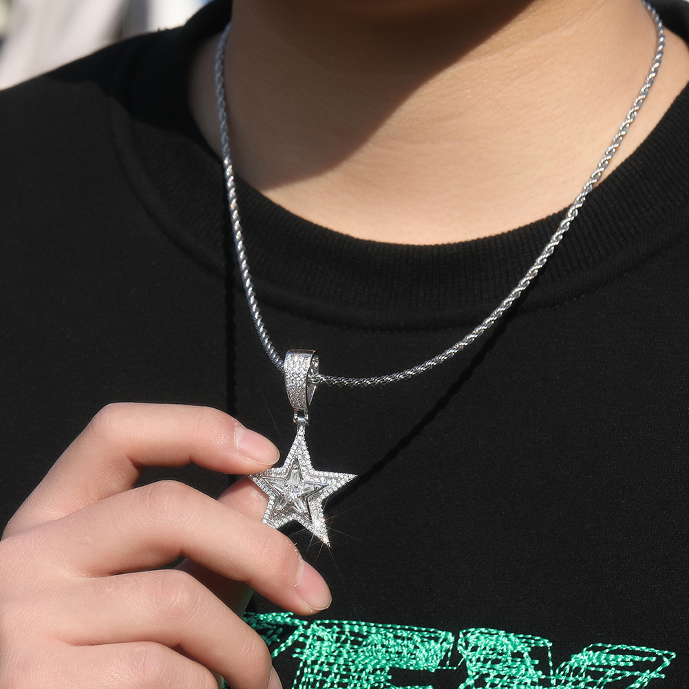 Rotatable Full Zircon Five Pointed Star Pendant Necklace Gold Plated Hip Hop Rap Jewelry