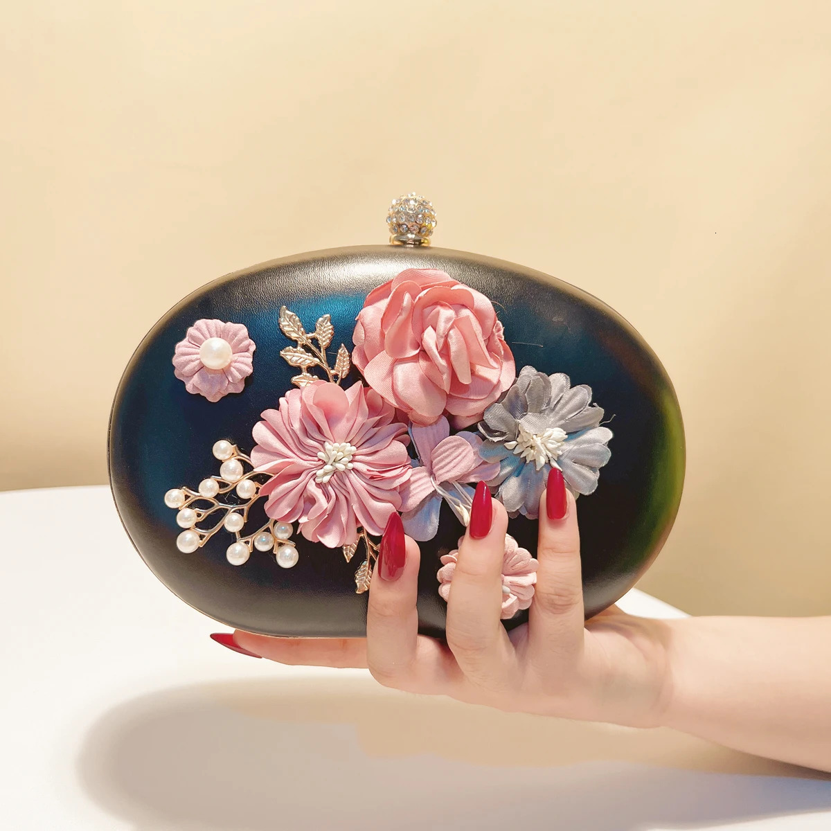 Flower Evening Bags Pink Color Women Small Clutch Purse With Chain Shoulder Flap Diamonds Beading Box 251231