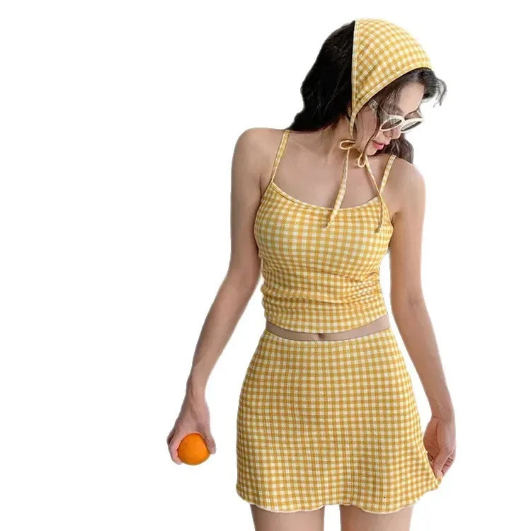 ThreePiece Swimsuit Slimming CoverUp Holiday Beauty Checkered Pattern Conservative Korean Style Bikini Set 251231