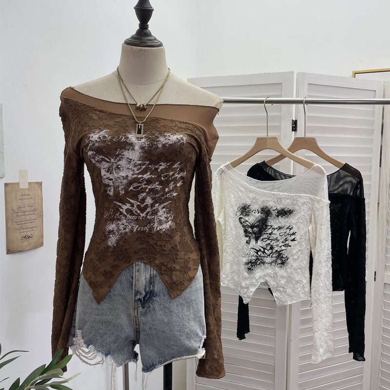 Real Shot Wasteland Style Butterfly Graffiti Mesh Patchwork Textured Long Sleeve T-Shirt Hot Girl Short Slim Top 2753
