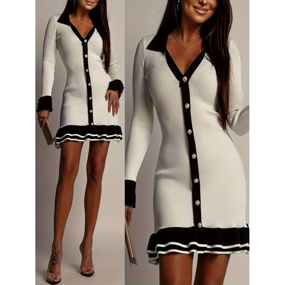 2026 European and American Autumn Winter New Elegant High Waist Long Sleeve Ruffled Knitted Dress for Women Cross-Border