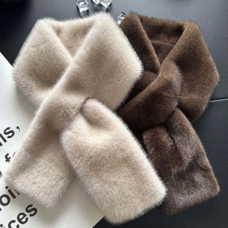 Korean Women Winter Warm Thicken Cross Collar Scarf Imitation Faux Rabbit Fur Scarf Solid Furry Neck Warmer Cold Proof Scarves 251225