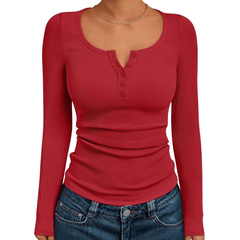 2026 Autumn New Fashion European and American Style Solid Color Button V-Neck Long Sleeve T-Shirt Women's Top Ribbed Knit