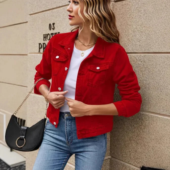 Fashion Slim Fit Turndown Collar Denim Jacket Pure Color Versatile Cotton Womens Clothing from Mainland China 251229