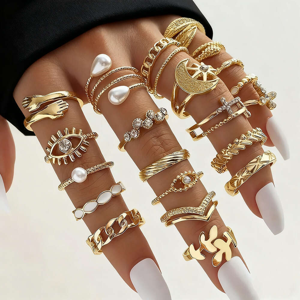 Fashion Baroque Rings Set Geometric Creative Ring Imitation Pearls 6 pieces 22 pieces 30 pieces Set Personality Irregular Womens Rings Flower Wholesal