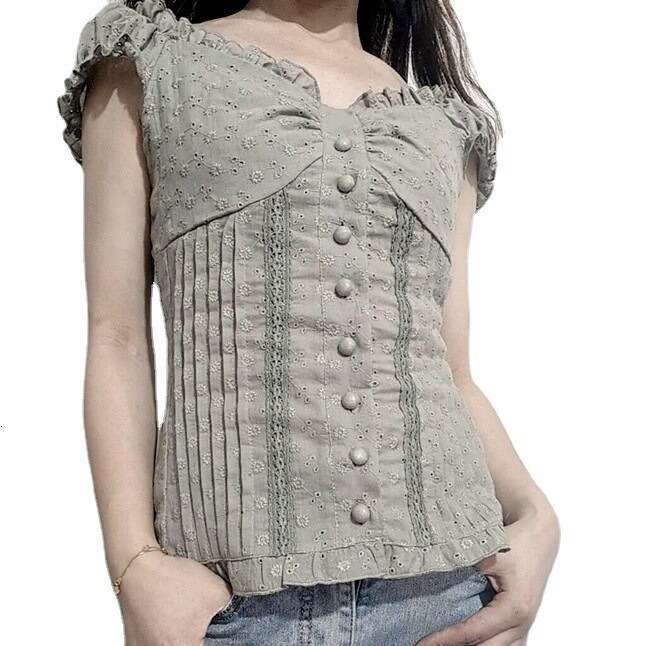 French Style Lace Trim Slimming Short Sleeve T-Shirt 2026 New Cross-Border V-Neck Buttoned Body Shaping Hot Girl Top for Women